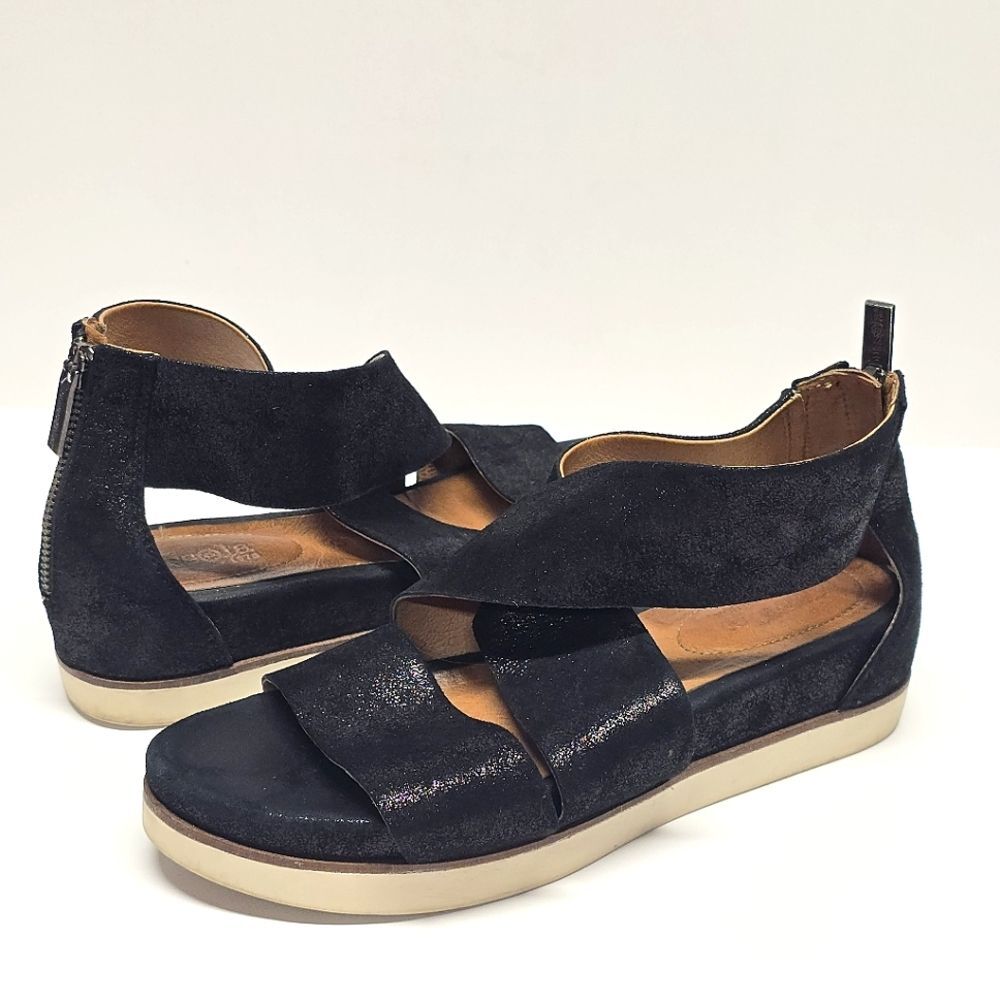 Bussola Potsdam Pauline Wide Strap Sandals Metal Washed Black Suede Size 8.5